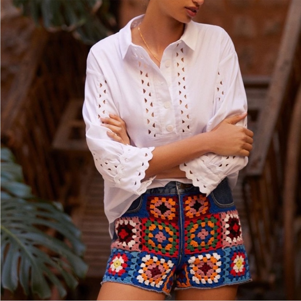 Farm Rio Free People Anthropologie Crochet Denim Jean Shorts Granny Square 28P